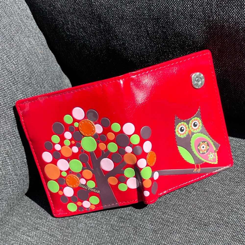 NWT Red leather wallet with multicolored owl